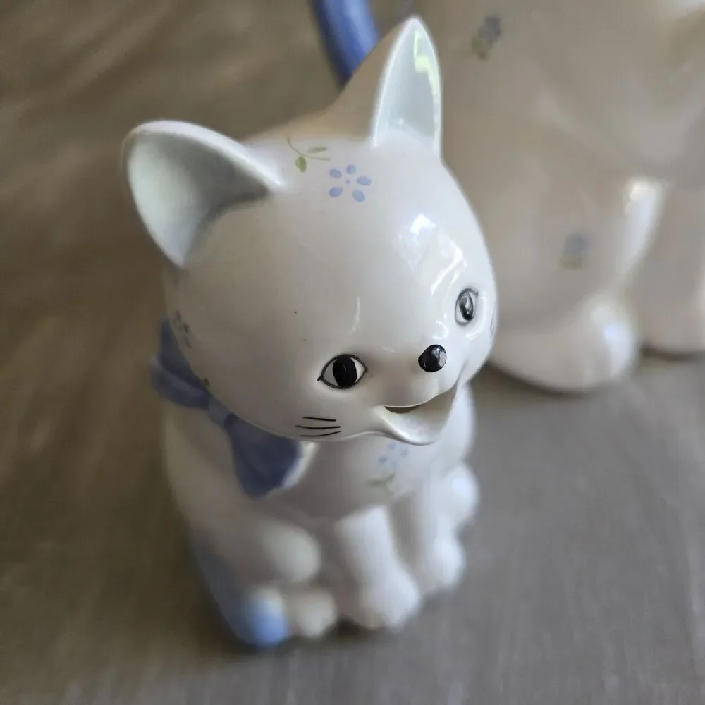 Vintage Otagiri Cat Ceramic Teapot Creamer Sugar Bowl Set - White & Blue Floral